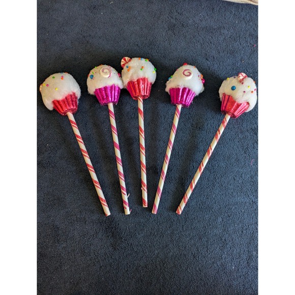 Unbranded Other - Cupcake Lollipop Christmas Tree Picks Pink White Candy Land Decor 5pc 20 inch